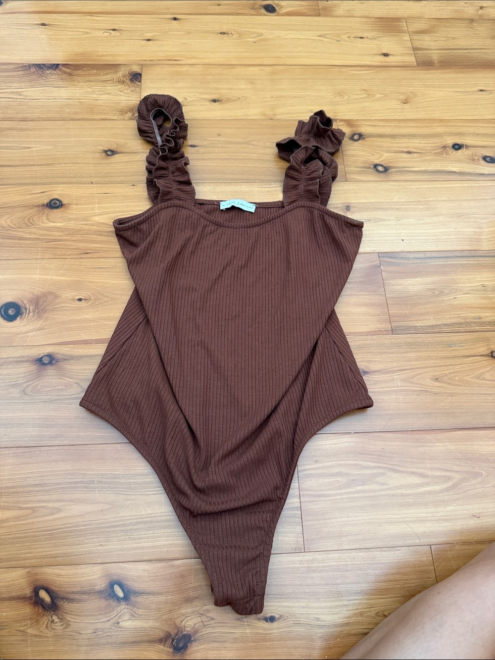 A love live you medium Ruffled Strap Brown Ribbed Bodysuit